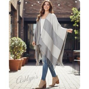 Casual to Classy Gray Color Block Fringe Trim Kimono-Open Front Shawl-Wrap